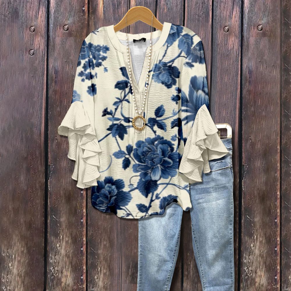 Blairly™ - Vintage Retro Ruffle Sleeve Floral Blouse