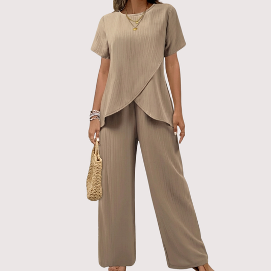 Lorrina™ Elegant Soft Two-Piece Set | Asymmetrical Blouse and Relaxed Pants
