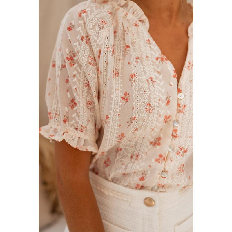 Sophini™ – Casual Floral Short-Sleeved Lining Blouse