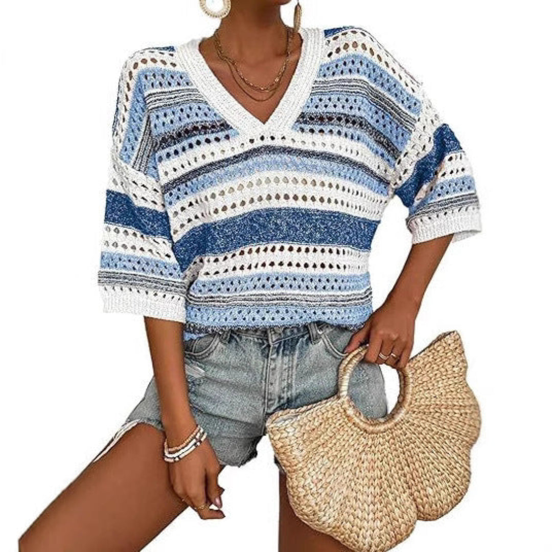 Kelise – Casual Striped Crochet V-Neck Summer Top